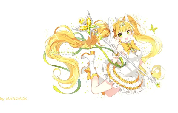 Picture butterfly, jump, tape, gloves, boots, bow, rod, white dress, sorceress, green eyes, ruffles, yellow hair, …