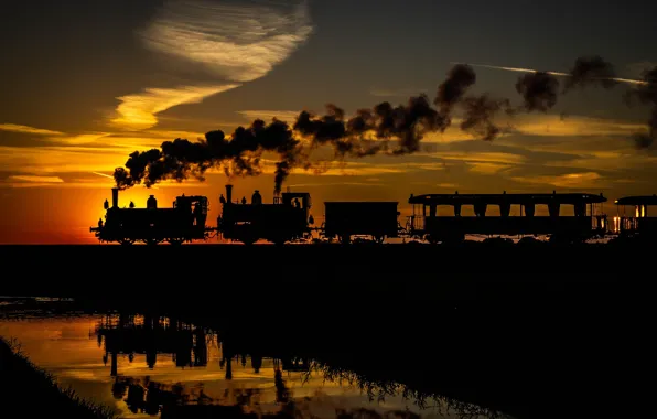 Picture water, sunset, reflection, smoke, train, cars, silhouette, Netherlands, locomotives