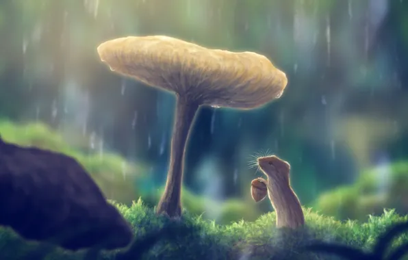 Picture nature, rain, mushroom, acorn, vole