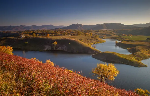 Picture autumn, river, hills