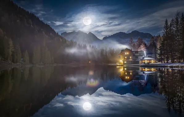 Picture light, landscape, mountains, night, nature, lake, the moon, home, Italy, forest, Roberto Aldrovandi
