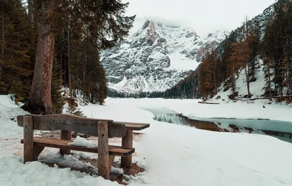 Picture snow, mountains, river, bench