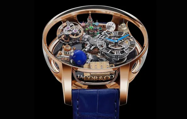 Picture gold, mechanism, black background, wrist watch, Jacob & Co, Astronomia Tourbillon Moscow