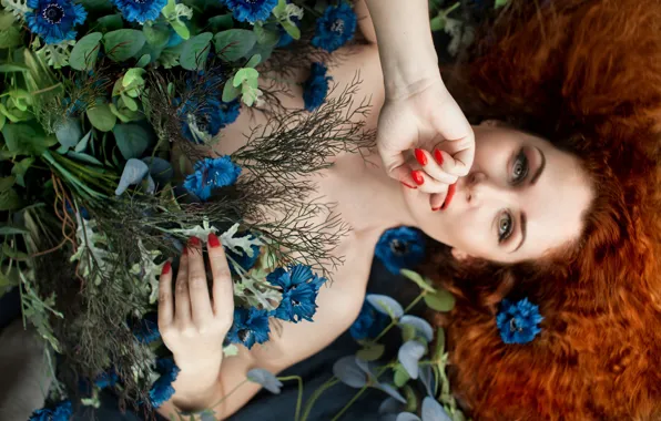 Picture look, girl, flowers, face, hair, hands, red, redhead, Jacques MEA