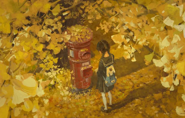 Picture autumn, letter, girl, schoolgirl
