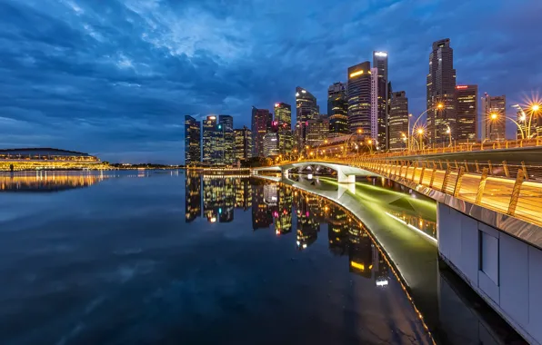Picture clouds, bridge, lights, building, home, the evening, lights, Bay, Singapore, promenade, skyscrapers