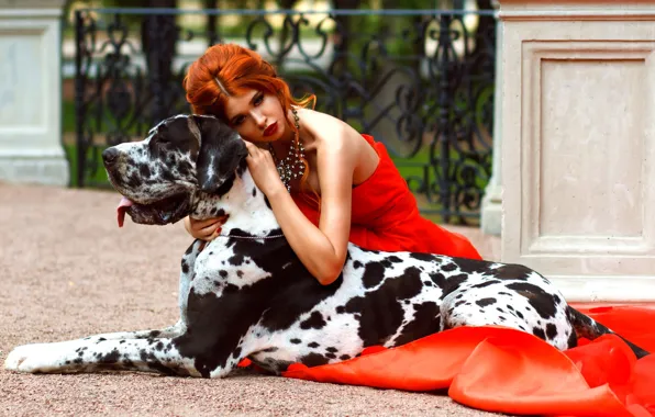 Picture girl, style, mood, model, dog, makeup, red, red dress, redhead, necklace, Great Dane, Dana Bounty, …