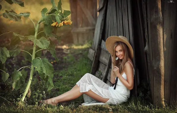 Picture look, girl, smile, mood, sunflower, hat, Dmitry Arhar, Dmitry Arhar