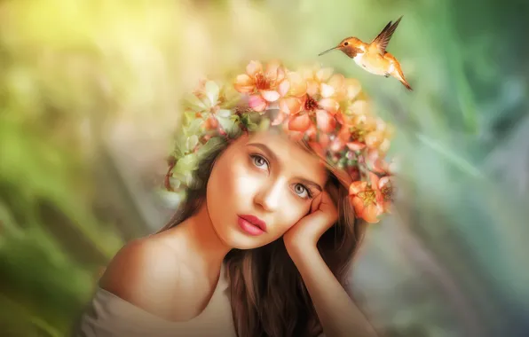 Picture look, girl, flowers, face, rendering, bird, portrait, treatment, Hummingbird, wreath, bokeh, photoart