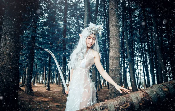 Picture forest, girl, dress, bow, blonde, walk, Asian, elf, gentle, with downcast eyes