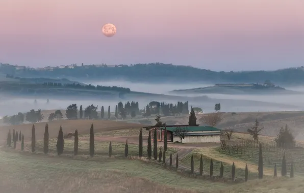 Picture fog, hills, the moon, field, morning, Italy, houses, Tuscany