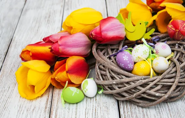 Picture flowers, eggs, spring, colorful, Easter, tulips, happy, yellow, wood, pink, flowers, tulips, spring, Easter, eggs, …