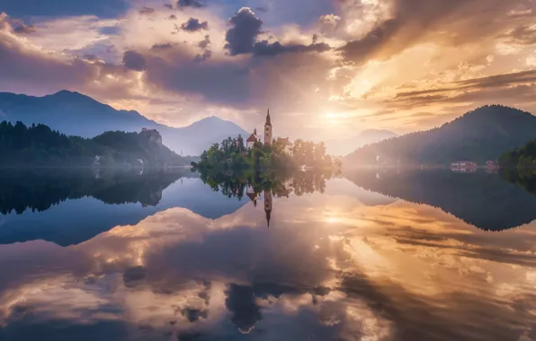 Picture mountains, lake, reflection, sunrise, dawn, island, morning, Slovenia, Lake Bled, Slovenia, Lake bled, Bled, Assumption …
