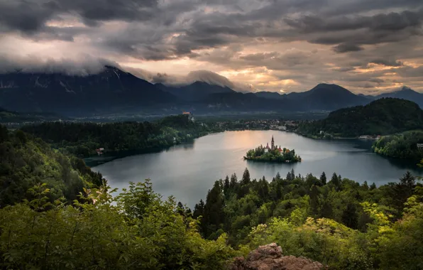 Picture clouds, landscape, mountains, clouds, nature, lake, dawn, morning, chapel, island, forest, Slovenia, Bled