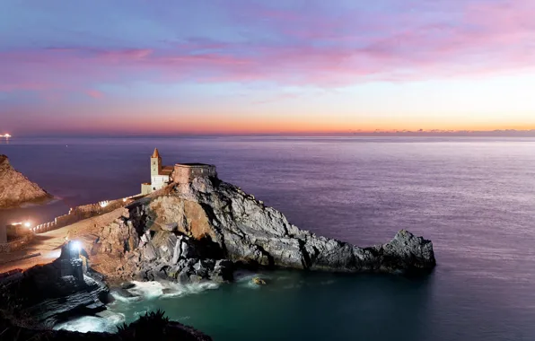 Picture sea, landscape, sunset, nature, rock, the evening, Italy, Church, Cinque Terre, Cinque Terre, Liguria