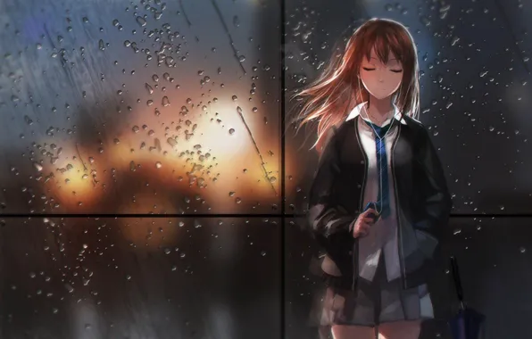 Picture glass, girl, rain, anime