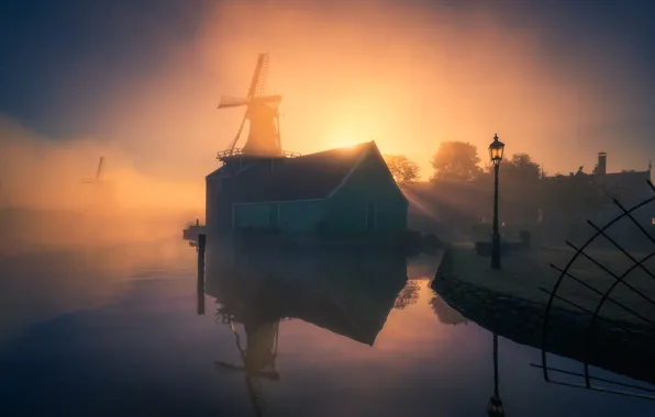 Picture fog, morning, Netherlands, windmill, The Zaanse Schans