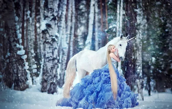 Picture winter, forest, white, girl, snow, trees, love, nature, pose, fantasy, mood, horse, trunks, blue, horse, …