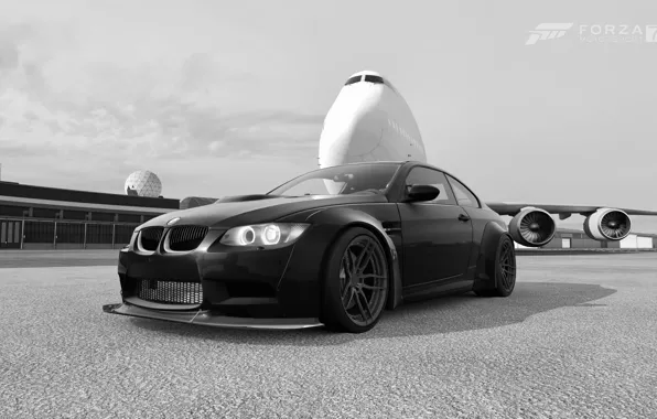 Picture HDR, BMW, Airplane, Game, BMW M3, E90, Plane, FM7, UHD, Forza Motorsport 7, Black & …