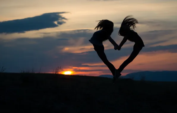 Picture the sky, sunset, girls, mood, jump, heart, pair, two girls, silhouettes