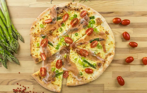Picture pizza, tomatoes, ham, asparagus