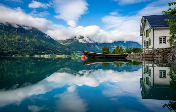 Picture clouds, landscape, mountains, nature, house, reflection, boat, Norway, the fjord
