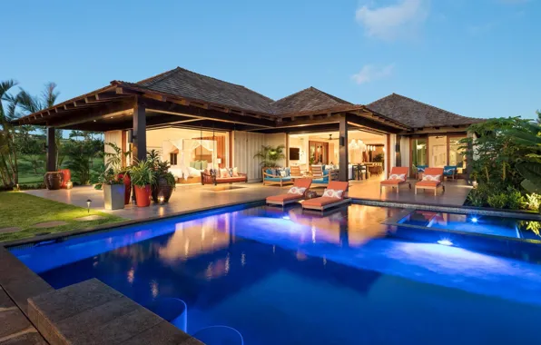 Picture Villa, the evening, pool, lighting, Hawaii, architecture, Hawaii, terrace, интерьер-экстерьер, Pa'ina Makai, by Puuwai Design …