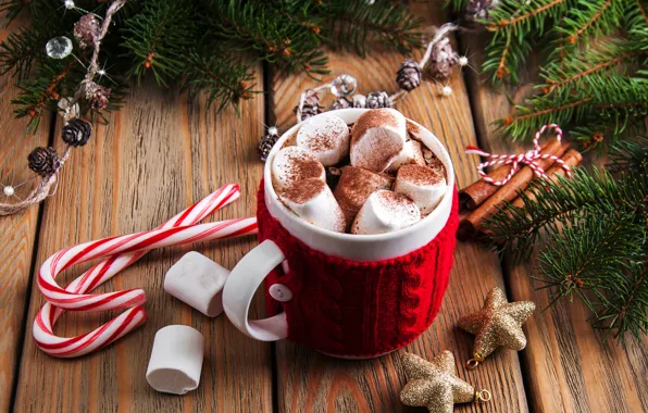 Picture decoration, New Year, Christmas, christmas, wood, cup, merry, cocoa, decoration, fir tree, hot chocolate, marshmallow, …