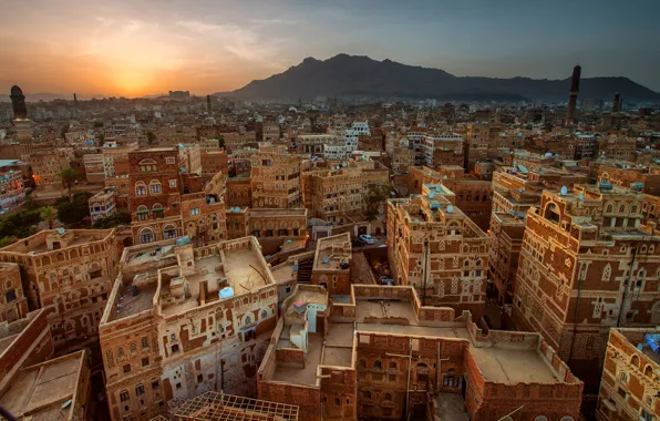 Picture the sky, the sun, sunset, mountains, building, home, the view from the top, Yemen, Arabia, …