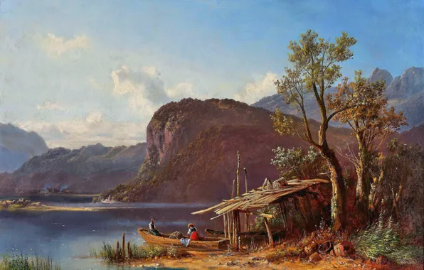 Picture Mountains, Trees, Shore, Picture, Women, Немецкий живописец, Жены рыбаков с лодкой на берегу озера, Anton …