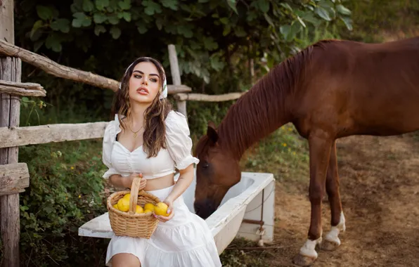 Picture girl, nature, animal, basket, horse, skirt, makeup, the fence, blouse, brown hair, top, solitaire, lemons