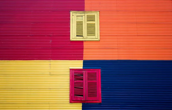 Picture orange, blue, yellow, Windows, windows, purple, yellow, blue, orange, purple, house facade, фасад дома, Rodolfo …