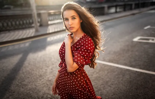 Picture look, the sun, pose, model, portrait, makeup, dress, hairstyle, brown hair, is, in red, bokeh, …
