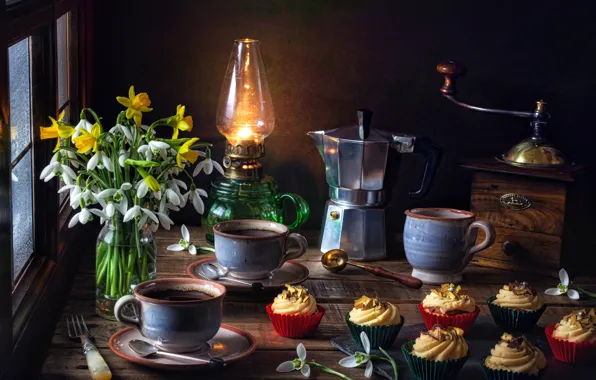 Picture flowers, style, lamp, coffee, bouquet, snowdrops, Cup, mugs, still life, daffodils, cupcakes, coffee maker, coffee …