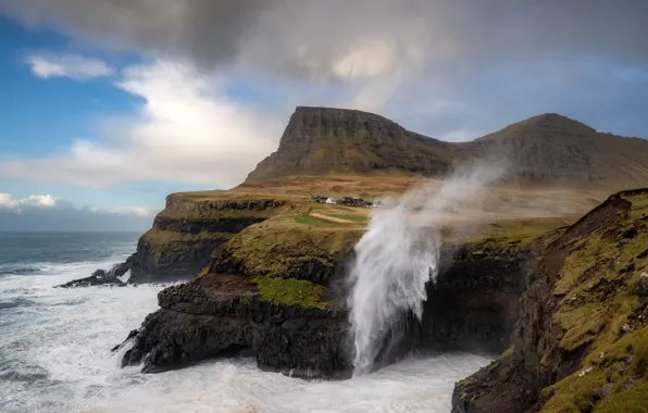 Picture sea, wave, clouds, rocks, waterfall, stream, houses, The Faroe Islands