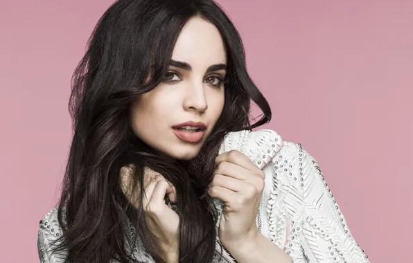 Picture look, girl, pose, background, hair, brunette, beautiful, jacket, Sofia Carson