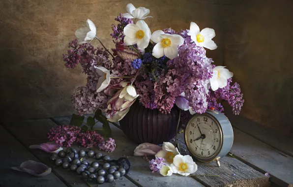 Picture flowers, Board, alarm clock, beads, vase, still life, lilac, anemones, Лионелла Зимина