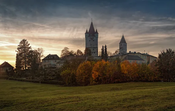 Picture field, autumn, the sky, clouds, trees, sunset, castle, dawn, view, building, tower, home, Germany, meadow, …