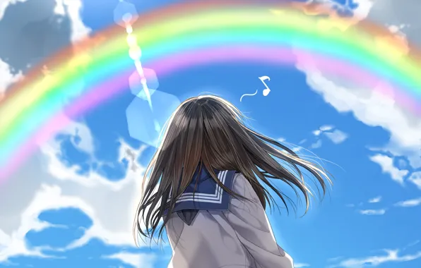 Picture clouds, rainbow, schoolgirl, blue sky, breeze, sailor, from the back