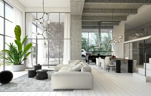 Picture design, style, Villa, interior, living room, dining room