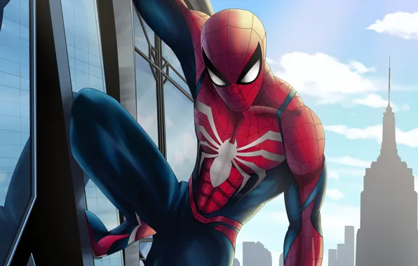 Picture the city, fiction, the building, height, home, art, costume, superhero, comic, Spider-man, MARVEL, Spider-Man