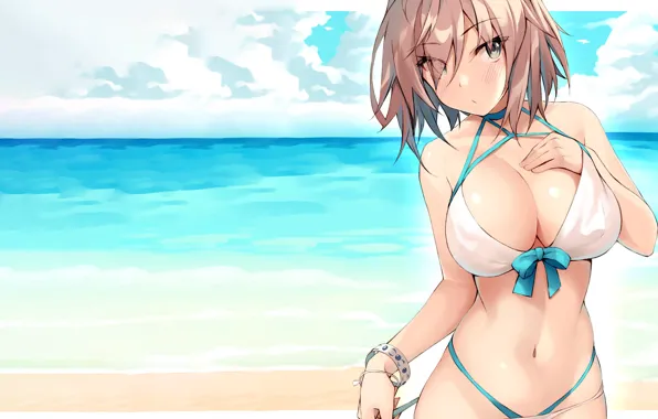 Picture girl, sexy, cleavage, beach, pink hair, sea, boobs, anime, beautiful, short hair, pretty, erotic, breasts, …