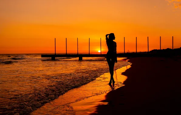 Picture girl, sunset, silhouette, surf, legs, Vitaly Skitaev