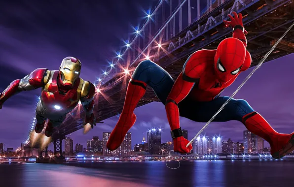 Picture Bridge, New York, Night, Iron Man, Tony Stark, Peter Parker, Spider Man