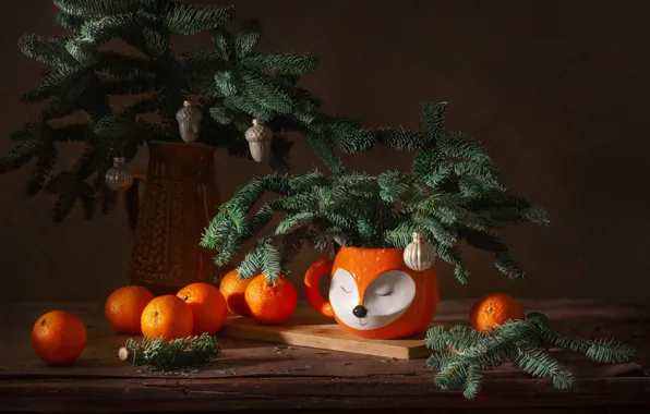 Picture decoration, branches, holiday, toys, new year, spruce, Fox, mug, tree, Board, pitcher, tangerines