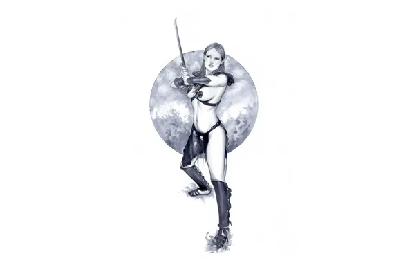 Picture girl, elf, sword, white background, picture a simple pencil