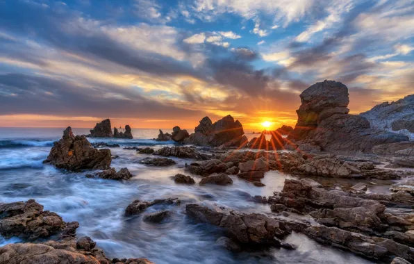 Picture sea, the sky, sunset, stones, rocks, shore