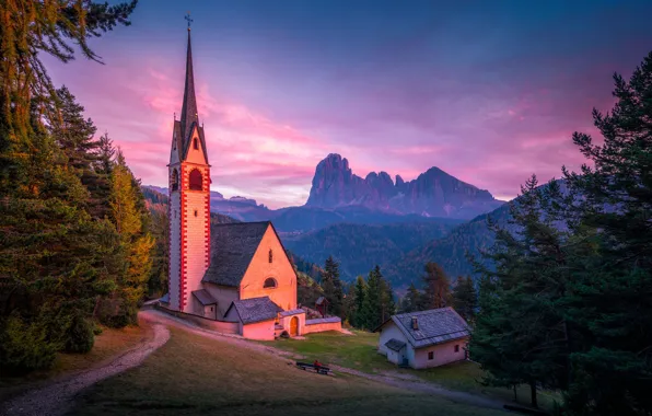 Picture autumn, landscape, sunset, mountains, nature, track, Italy, Church, The Dolomites