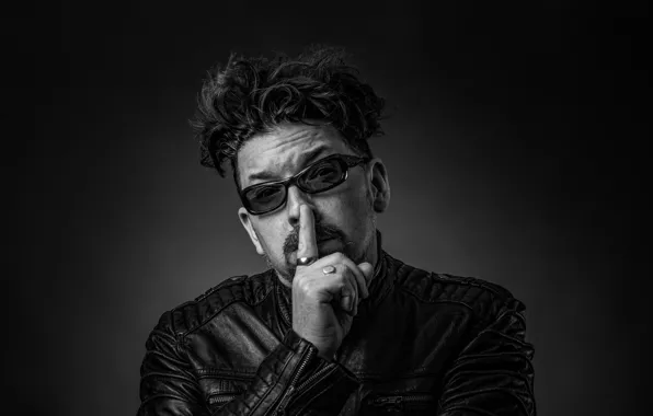 Picture mustache, photo, black and white, glasses, jacket, male, gesture