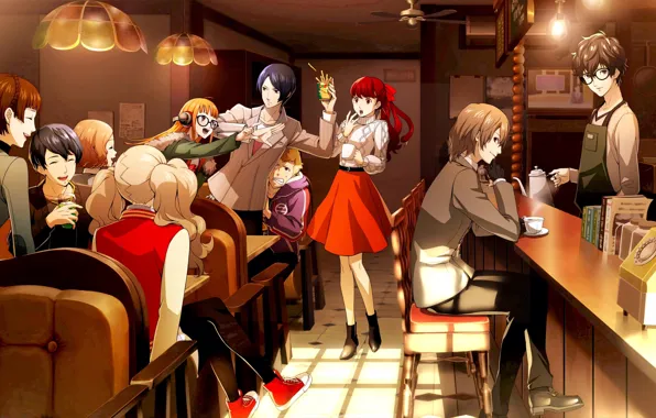 Picture girls, cafe, guys, characters, the bartender, Persona, Persona 5 Royal